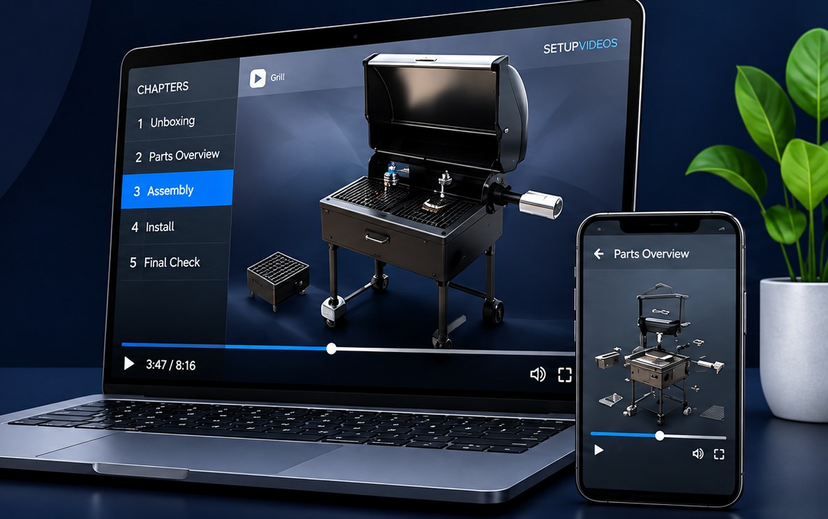 The Setup Videos interactive player on a laptop, with chapters for a grill
                    assembly, next to a phone showing the parts overview.